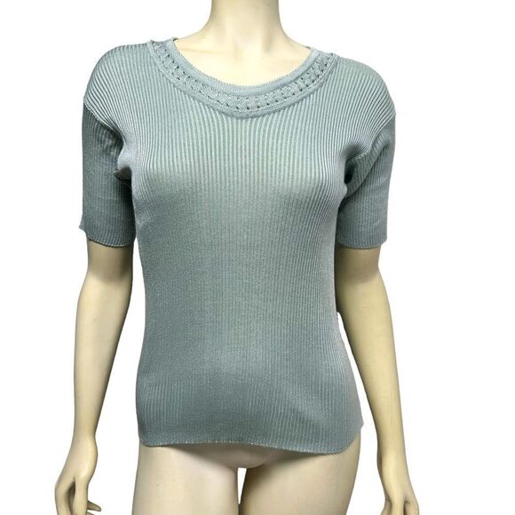 Vintage Handmade  Silky Light Blue Ribbed Short Sleeve Top Blouse - Picture 1 of 8